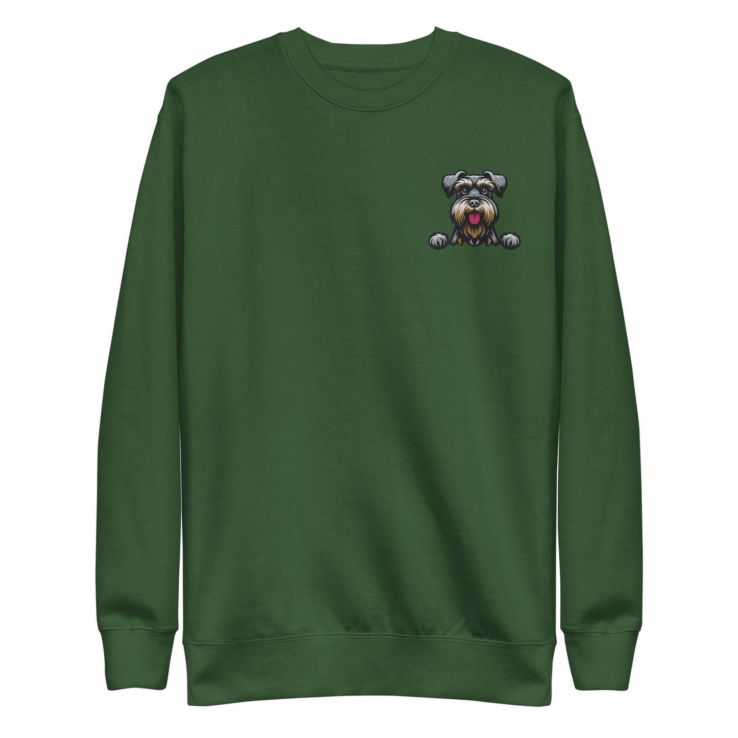 Green unisex sweatshirt with embroidered Schnauzer dog design on chest, made from soft cotton-polyester blend.