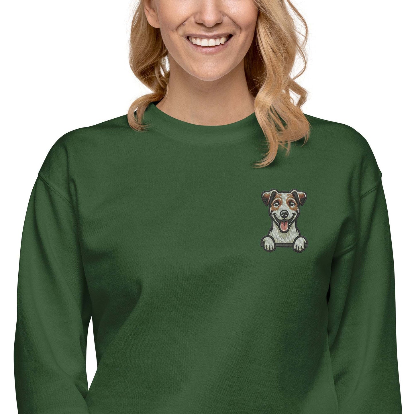 Unisex green sweatshirt with embroidered playful Jack Russell dog on chest, made from ultra-soft cotton-polyester blend fabric.