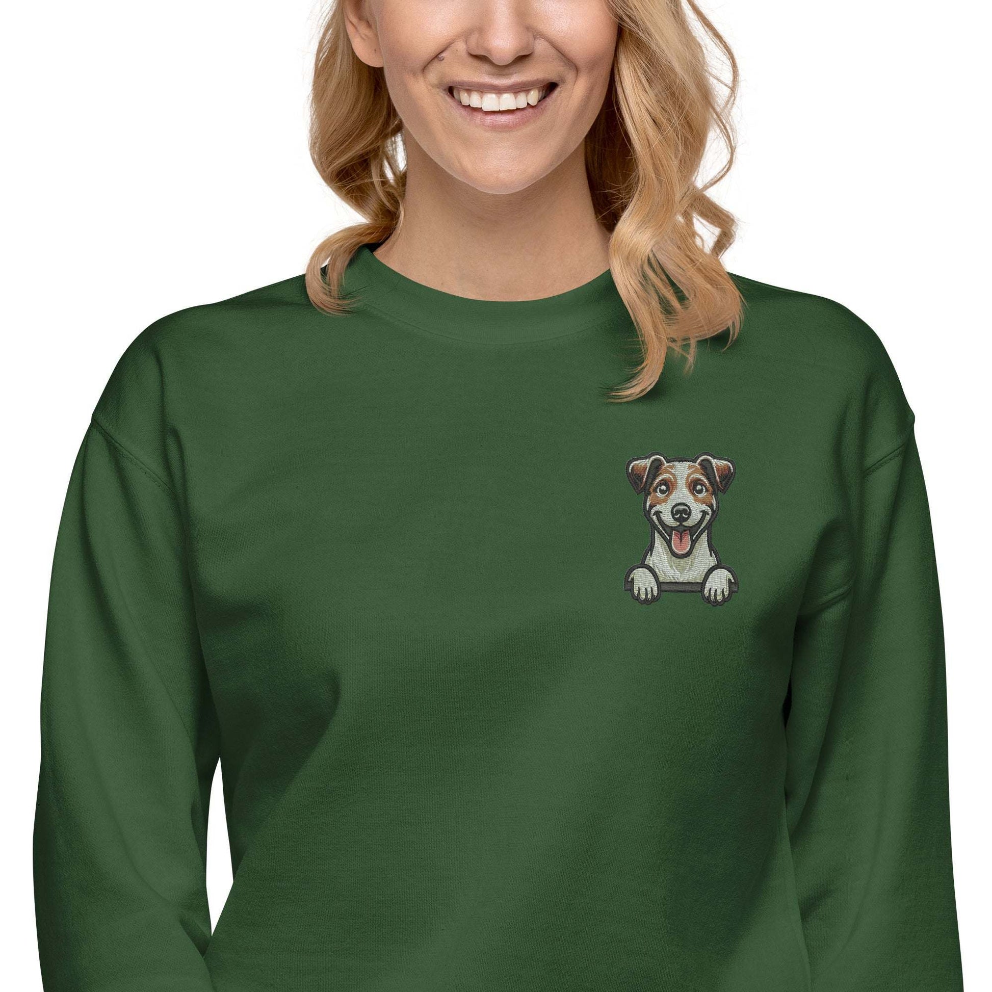 Unisex green sweatshirt with embroidered playful Jack Russell dog on chest, made from ultra-soft cotton-polyester blend fabric.