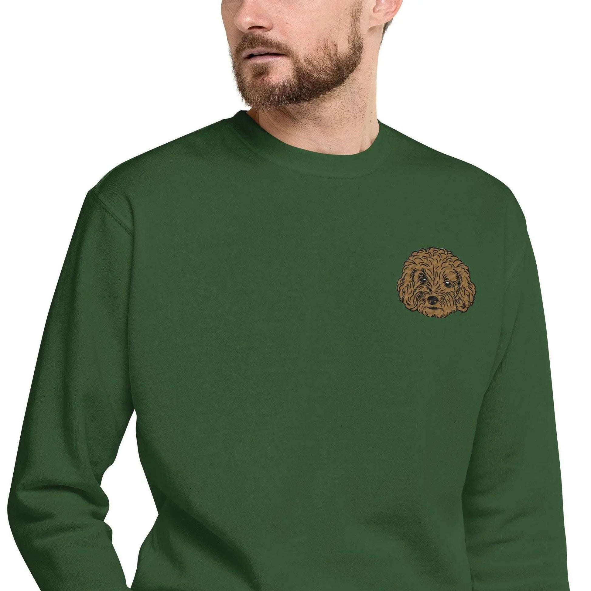 Unisex green sweatshirt with detailed brown poodle embroidery on chest, made of soft premium cotton-polyester blend fabric.