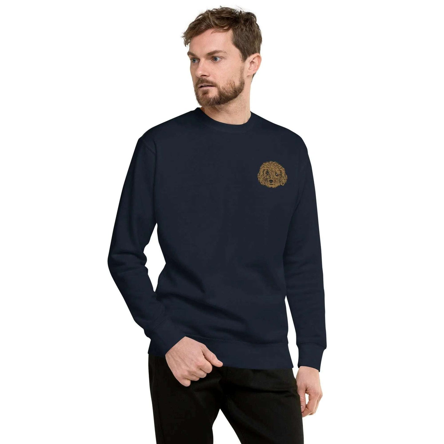 Unisex navy sweatshirt with detailed brown poodle embroidery on chest, soft premium fabric, crew neck design.