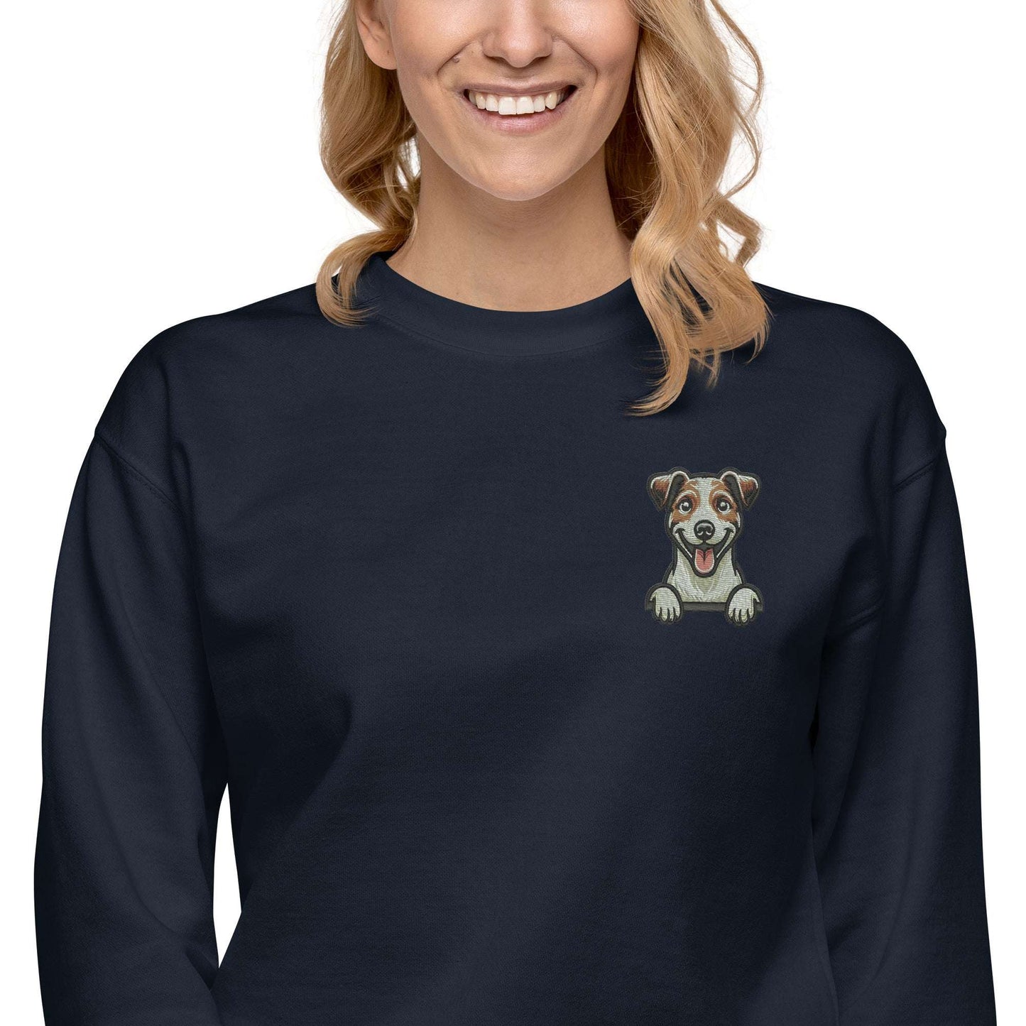 Unisex premium sweatshirt with embroidered playful Jack Russell dog design on navy fabric, soft and cozy streetwear style.