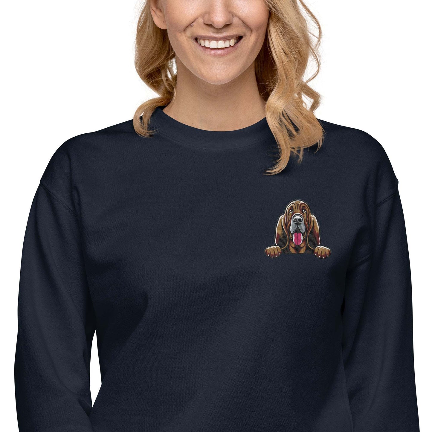 Unisex navy sweatshirt featuring intricate embroidered Bloodhound dog design on chest, soft premium fabric, cozy fleece interior, and classic crew neck style.