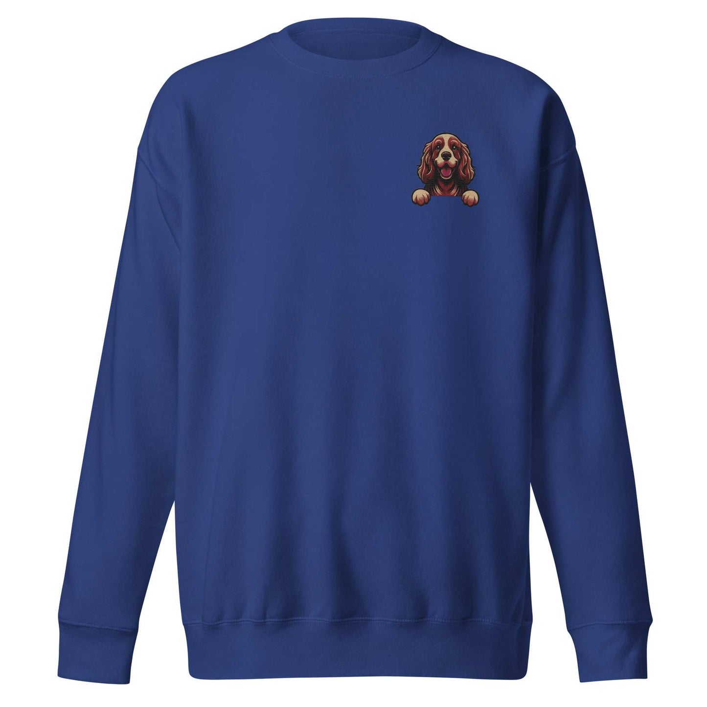 Navy unisex sweatshirt with embroidered Cocker Spaniel dog detail on chest, made from soft cotton-polyester blend for comfort and warmth.
