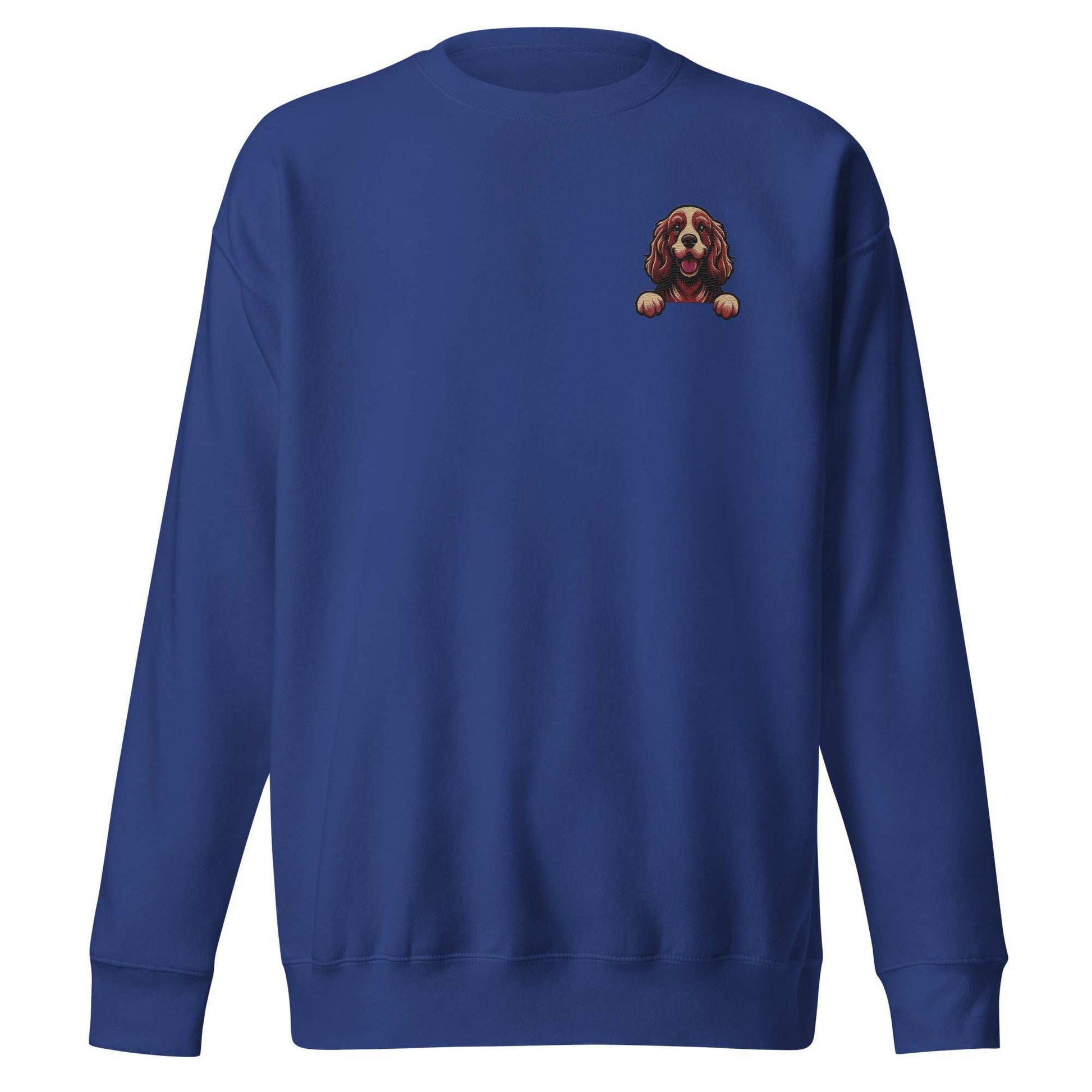 Navy unisex sweatshirt with embroidered Cocker Spaniel dog detail on chest, made from soft cotton-polyester blend for comfort and warmth.