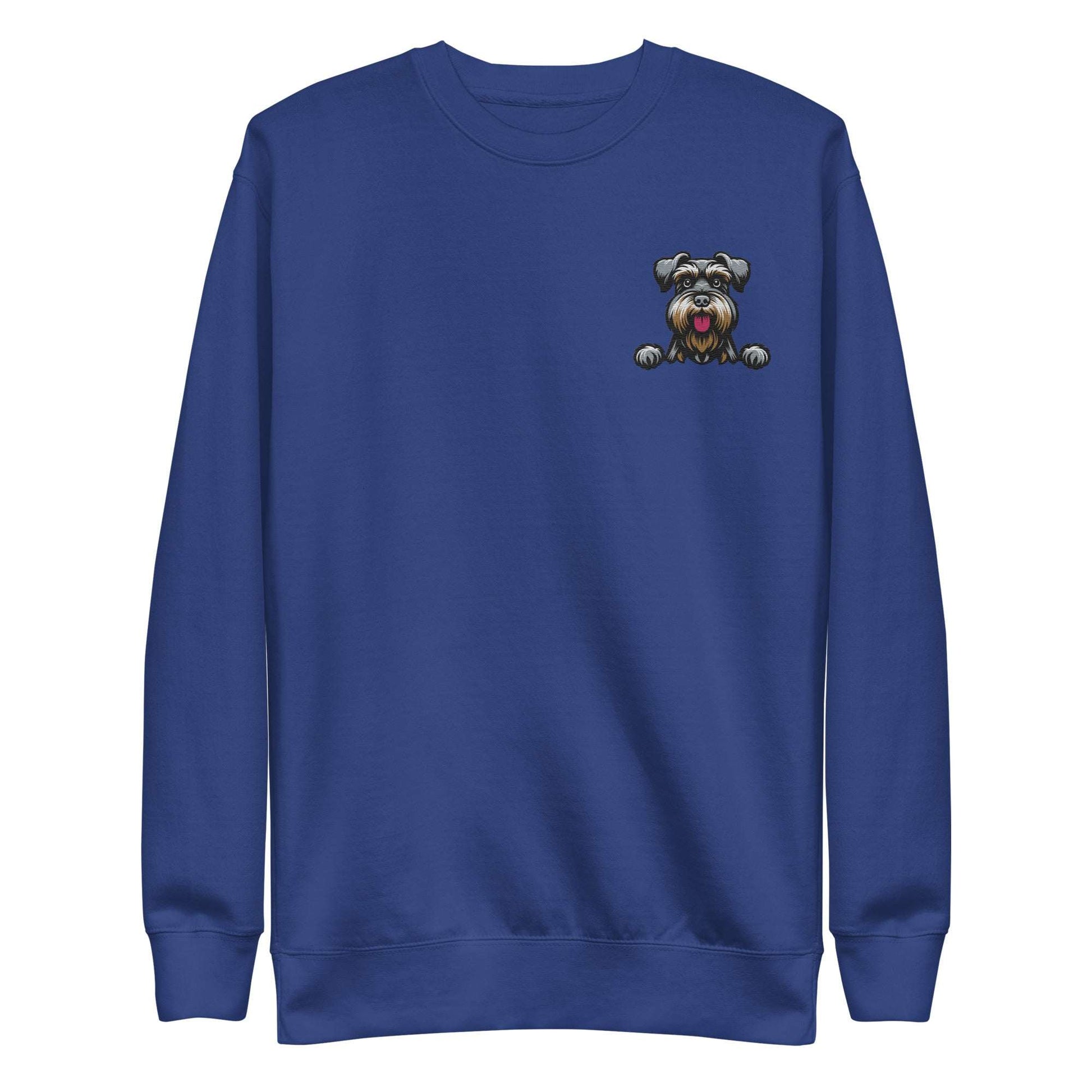 Blue unisex sweatshirt with embroidered Schnauzer dog design on chest, made from soft cotton-polyester blend fabric.