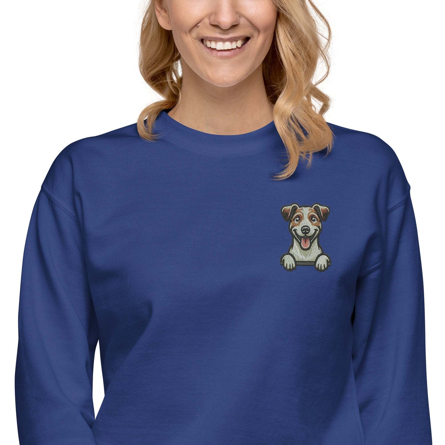 Unisex blue sweatshirt with embroidered playful Jack Russell dog on chest, made of soft cotton-polyester blend fabric, featuring ribbed crew neck and cuffs.