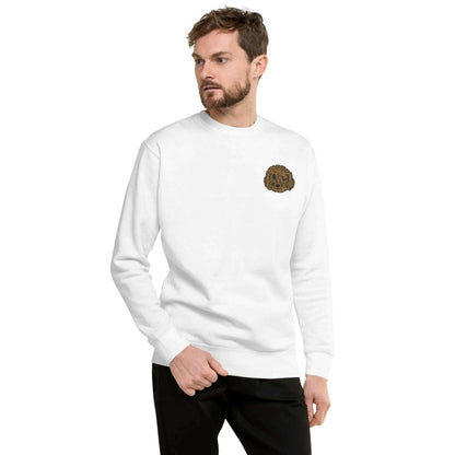 White unisex sweatshirt with detailed brown poodle embroidery on chest, featuring soft premium fabric and ribbed crew neck.