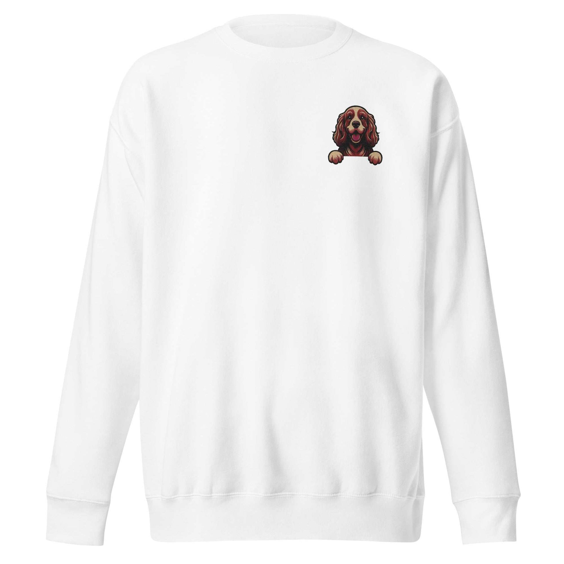 White unisex sweatshirt with detailed embroidered Cocker Spaniel dog design on chest, cozy and premium fabric blend.
