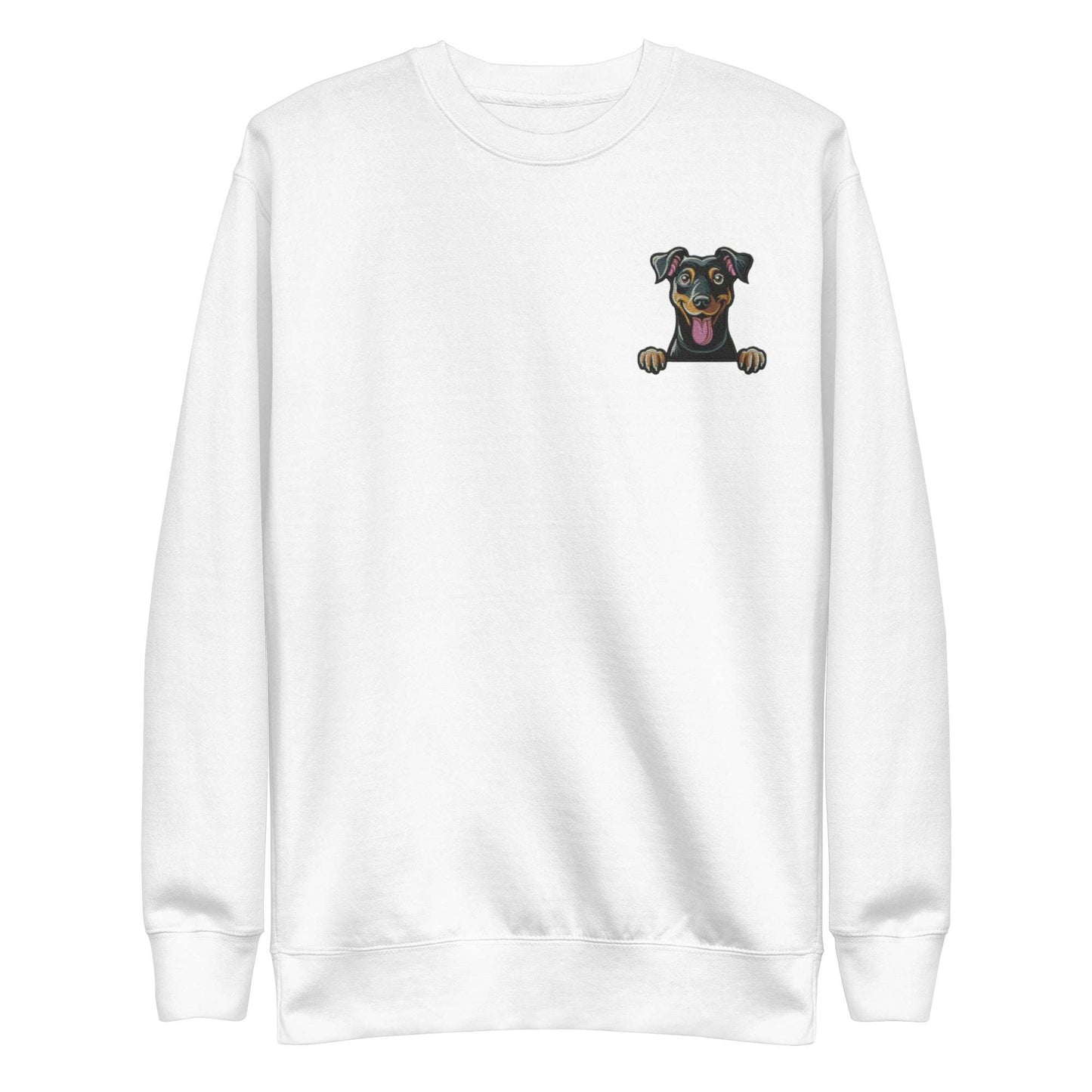 White unisex sweatshirt with embroidered Manchester Terrier dog design on chest, made from soft cotton-polyester blend fabric.