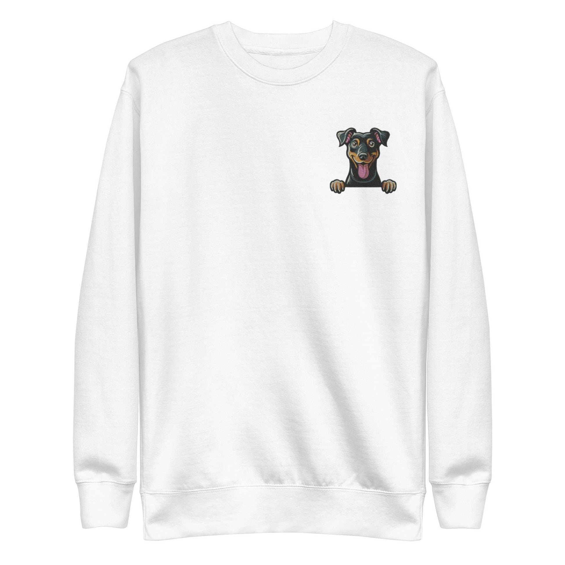 White unisex sweatshirt with embroidered Manchester Terrier dog design on chest, made from soft cotton-polyester blend fabric.