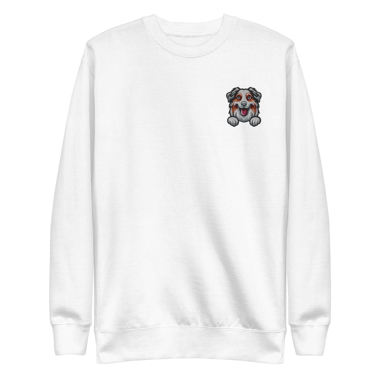 White unisex sweatshirt with embroidered Australian Shepherd dog face on chest, made from soft cotton-polyester blend.