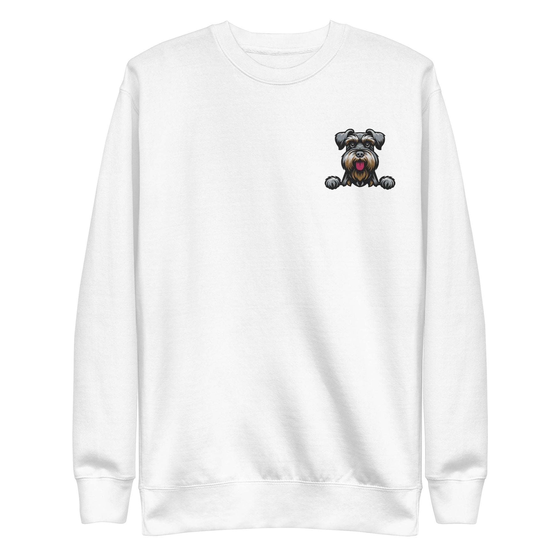 White unisex sweatshirt with embroidered Schnauzer dog design on chest, ultra-soft fabric, and classic crew neck style.