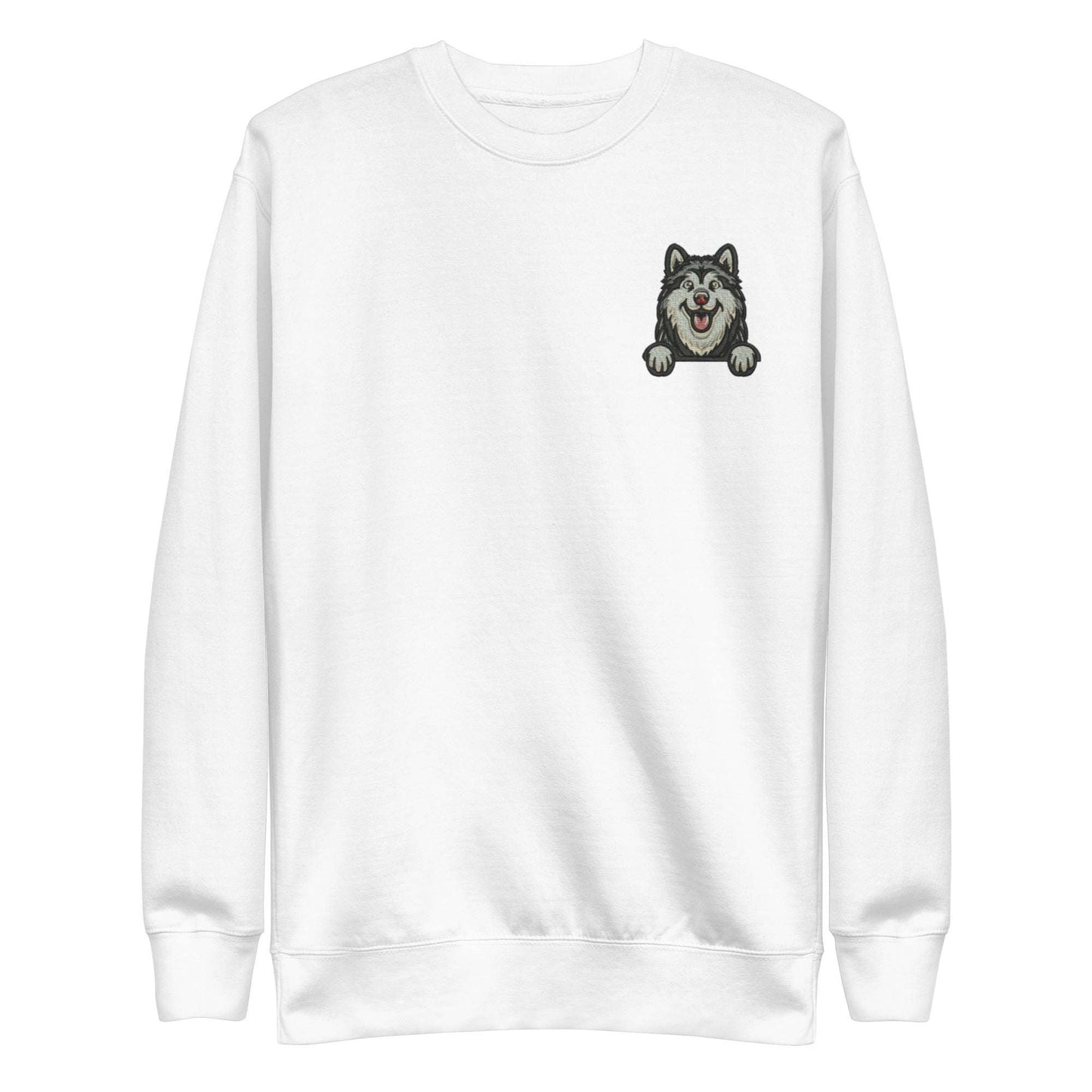 White unisex sweatshirt with detailed embroidered husky dog design on chest, premium soft fabric, and classic crew neck style.