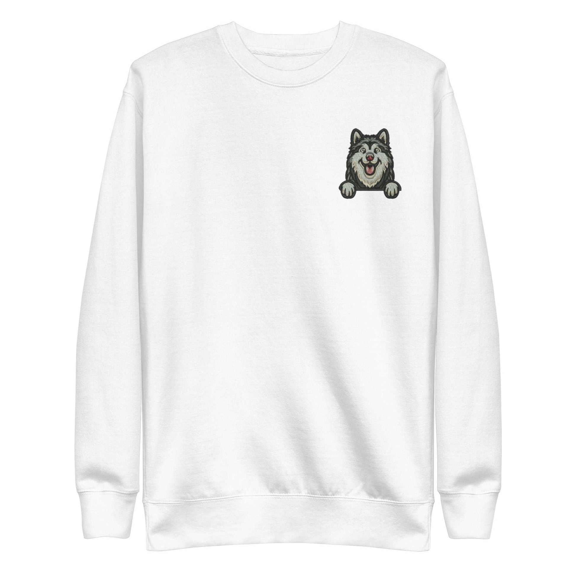 White unisex sweatshirt with detailed embroidered husky dog design on chest, premium soft fabric, and classic crew neck style.