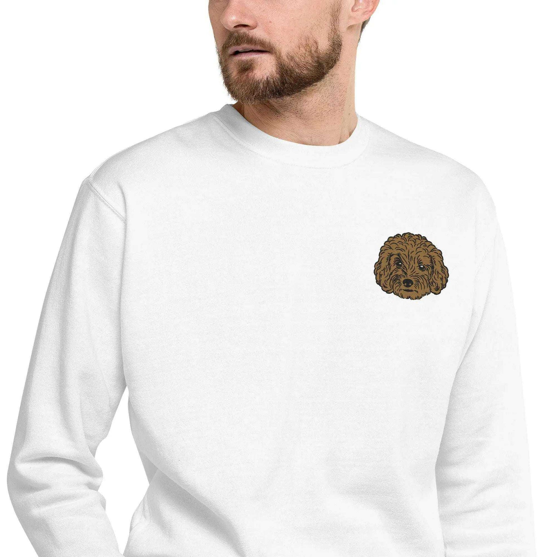 White unisex sweatshirt featuring detailed brown poodle embroidery on chest