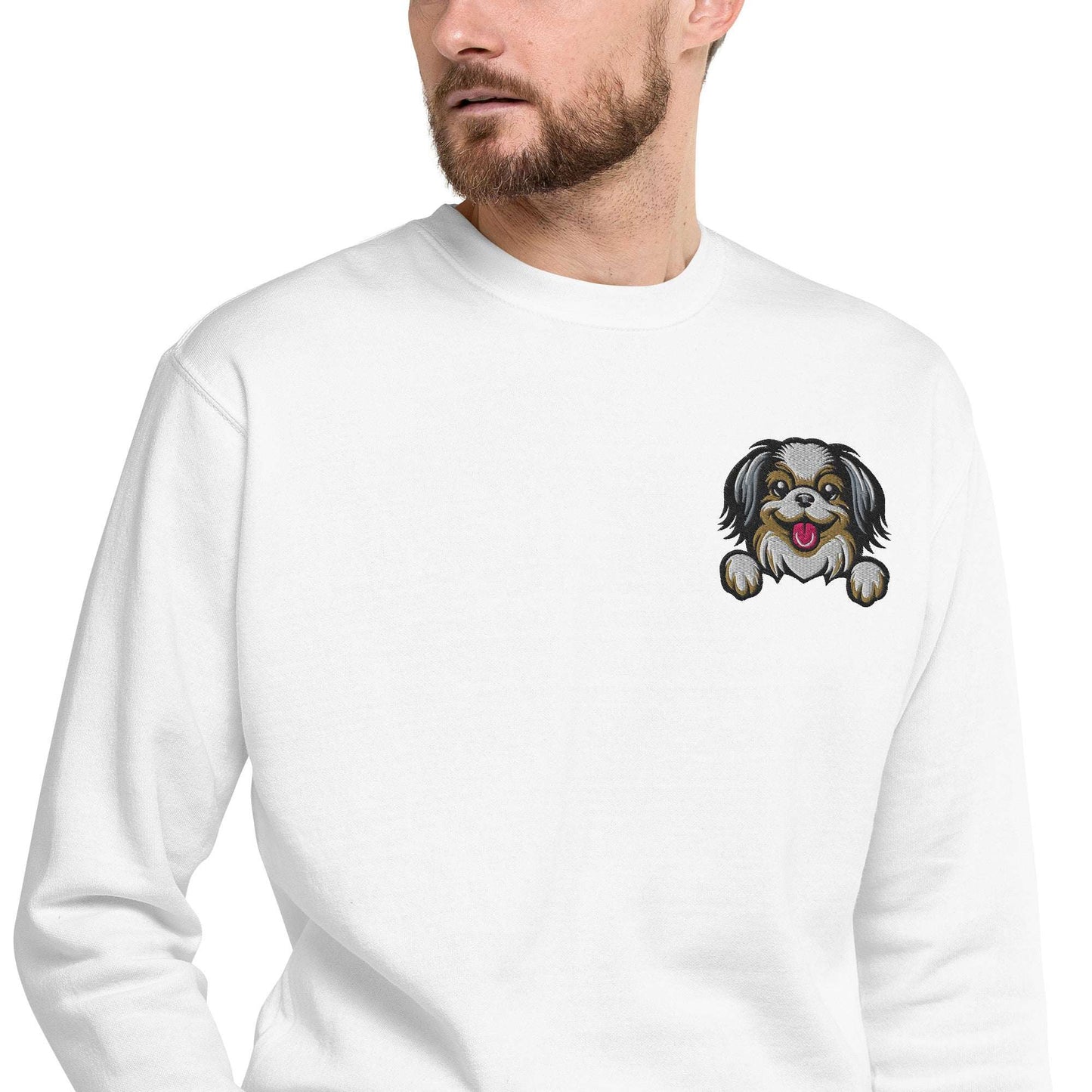 White unisex sweatshirt featuring detailed embroidered Japanese Chin dog design on chest
