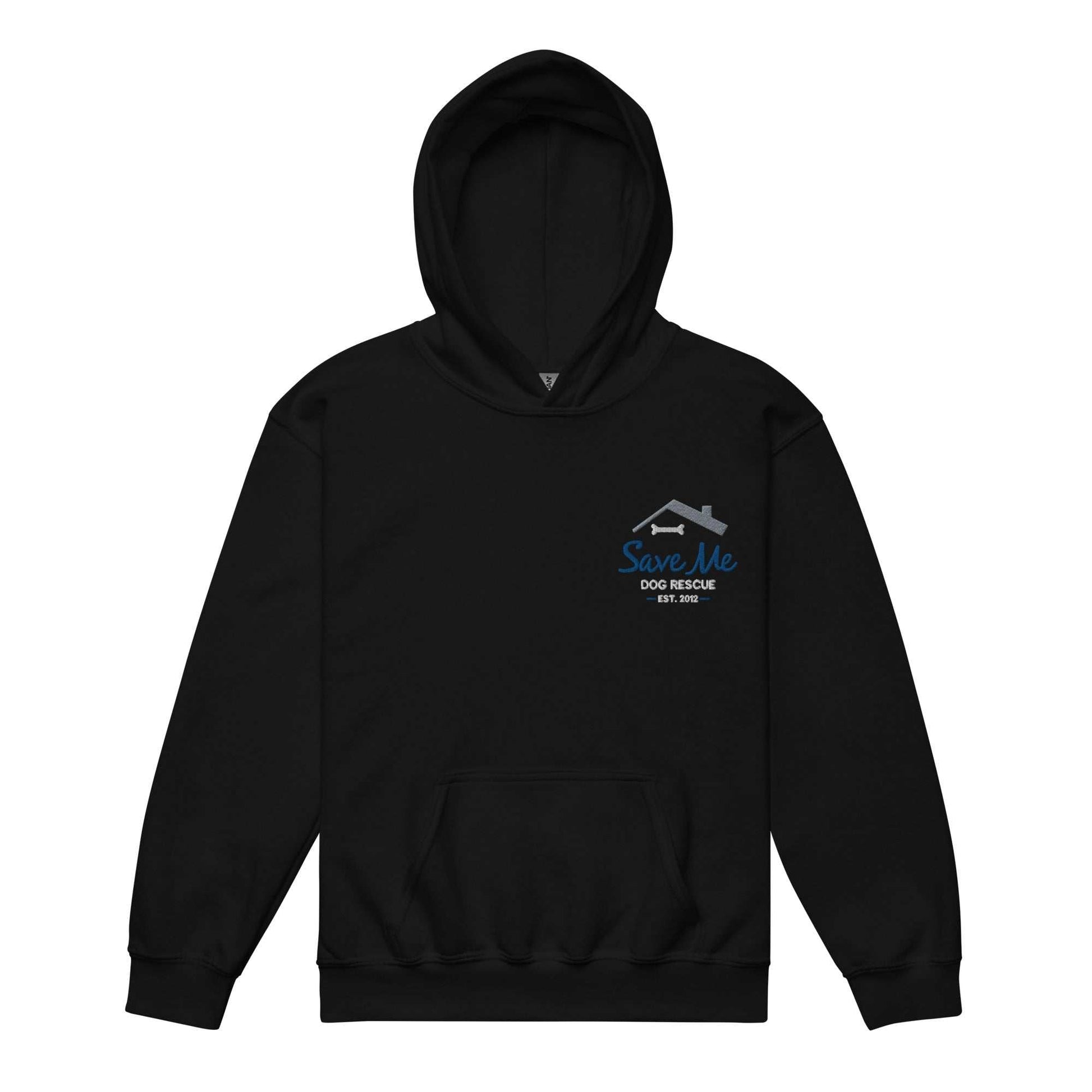 Black unisex youth hoodie with Save Me Dog Rescue embroidered logo, premium cotton blend, and front pouch pocket, supporting dog rescue sweatshirts.