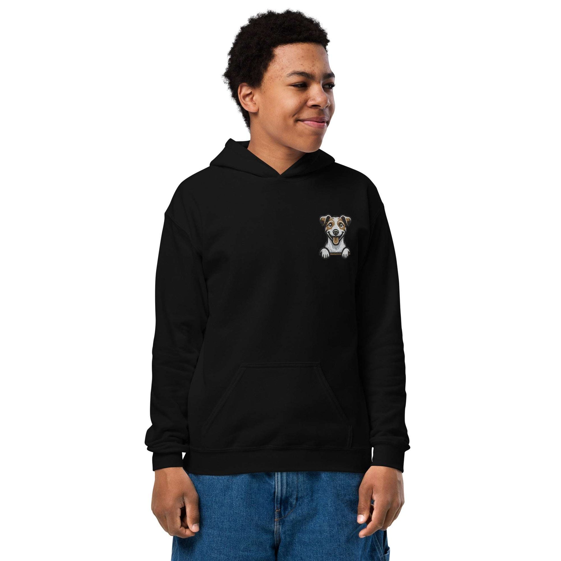 Youth unisex black hoodie with detailed Jack Russell Terrier embroidery, cotton blend fabric, and front pouch pocket.