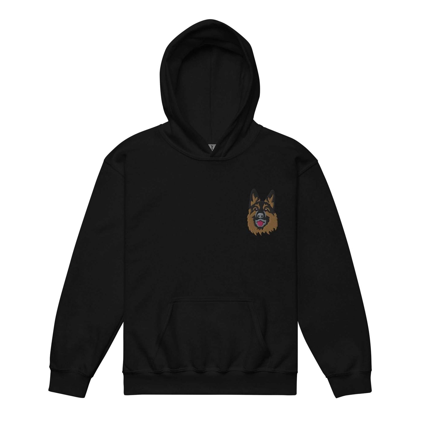 Black premium youth unisex hoodie featuring detailed embroidered German Shepherd dog face on chest, made from soft cotton blend with front pocket and double-lined hood.