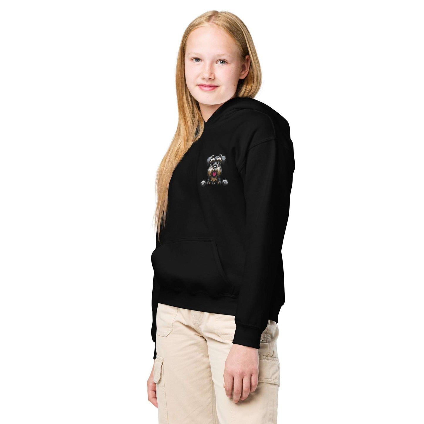 Youth unisex black hoodie with detailed Schnauzer dog embroidery, soft cotton blend, front pouch pocket, and double-lined hood.