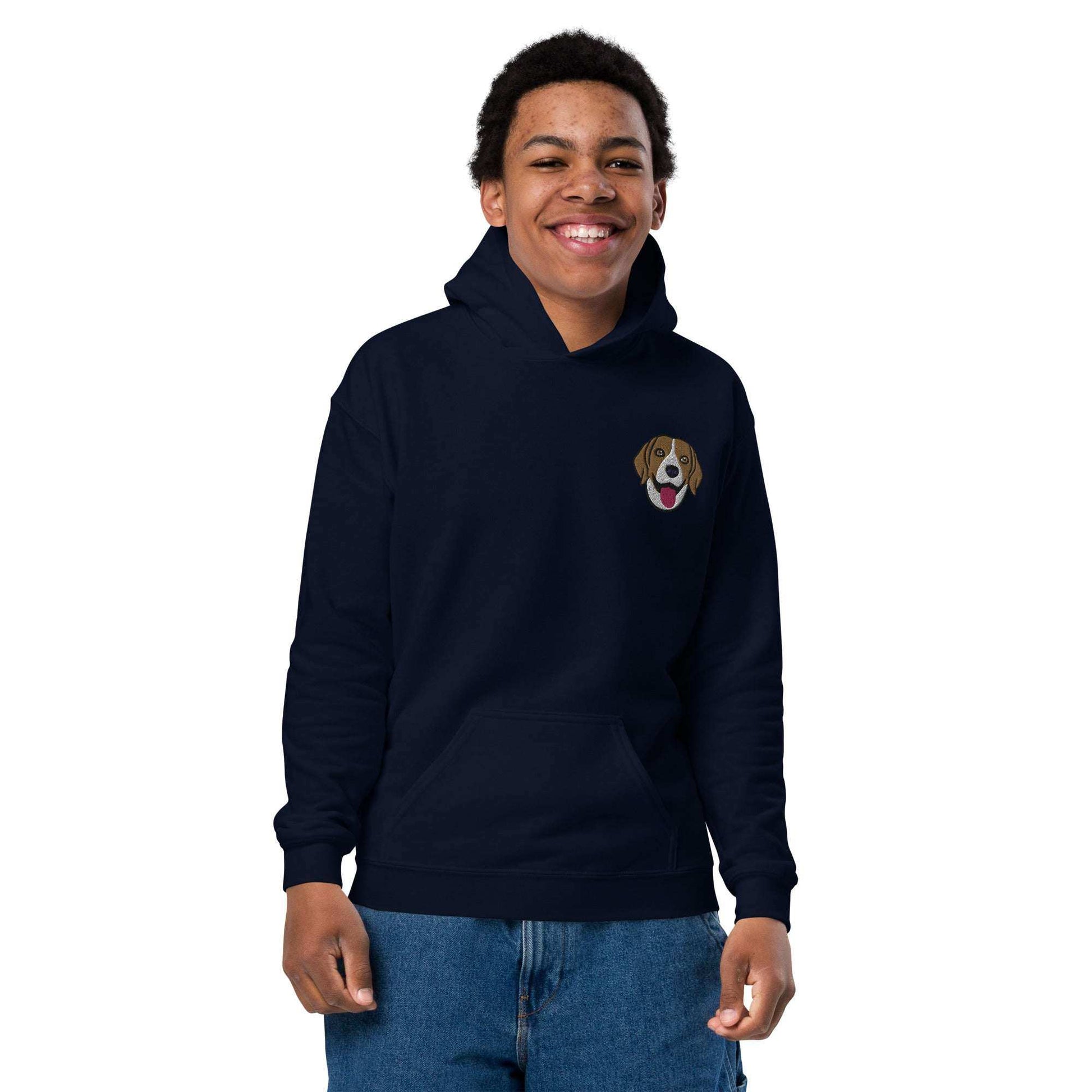 Youth unisex navy hoodie with detailed Beagle dog embroidery and front pouch pocket for kids.