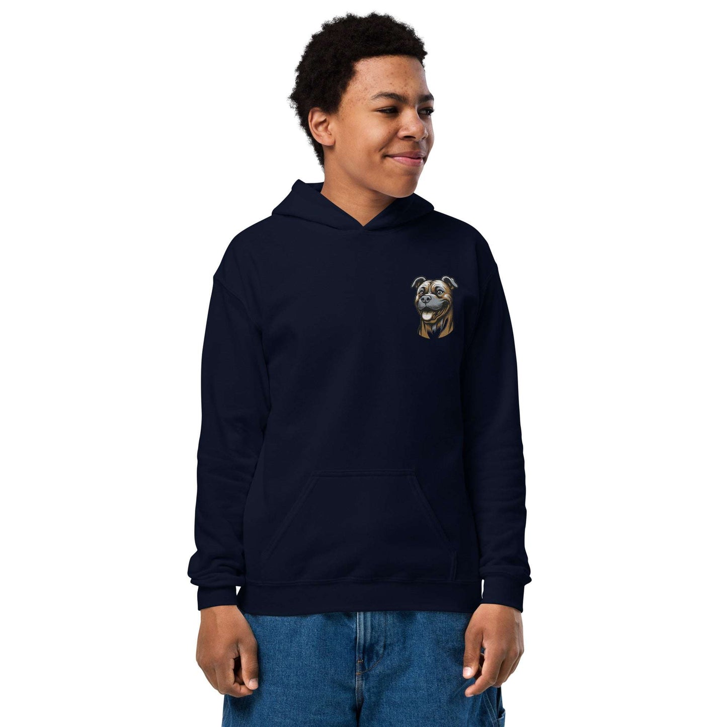 Youth wearing navy Pitbull hoodie with embroidered dog design and front pouch pocket