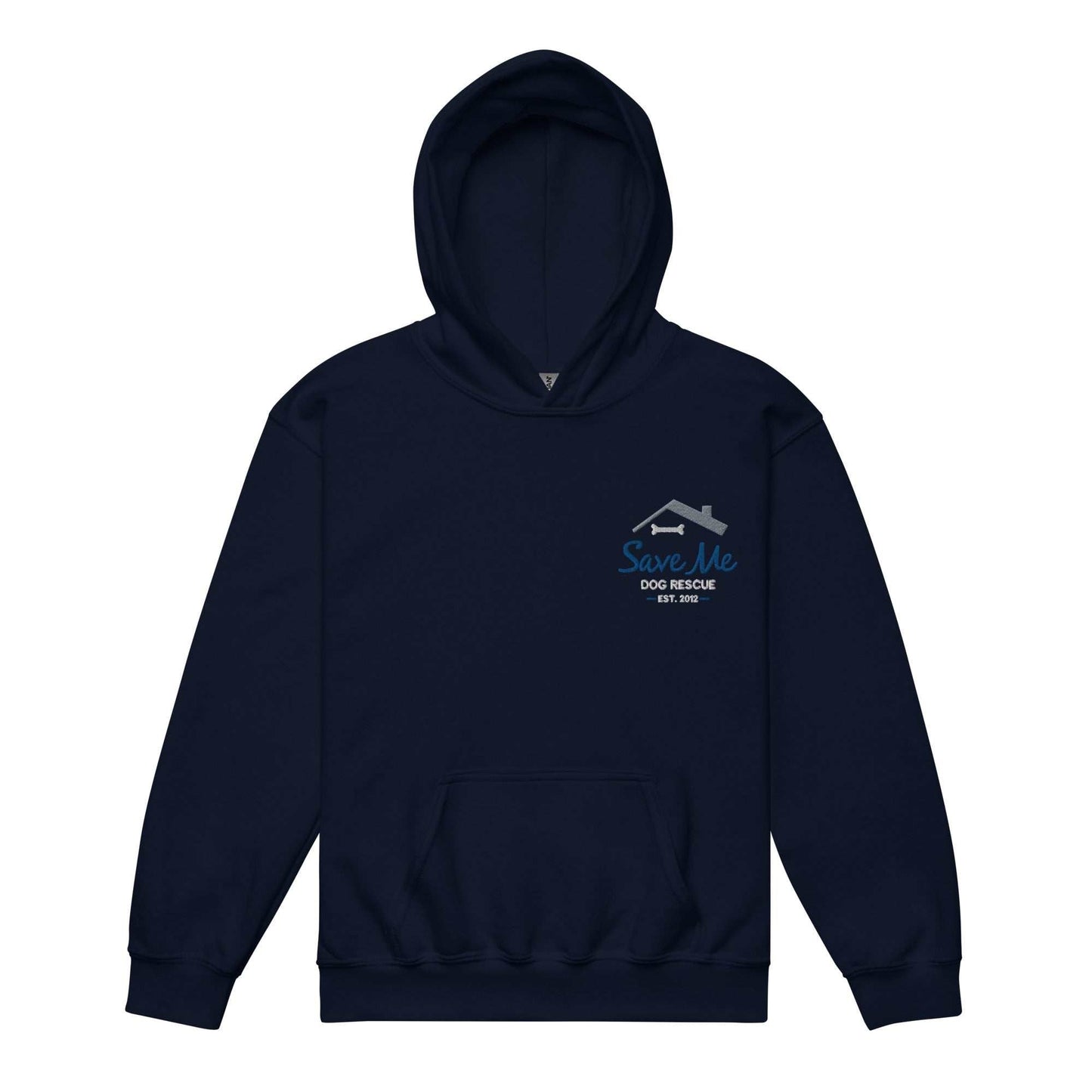 Navy blue youth unisex hoodie with Save Me Dog Rescue embroidered logo, made from a soft cotton blend, featuring a front pouch pocket and double-lined hood, supporting dog rescue efforts.