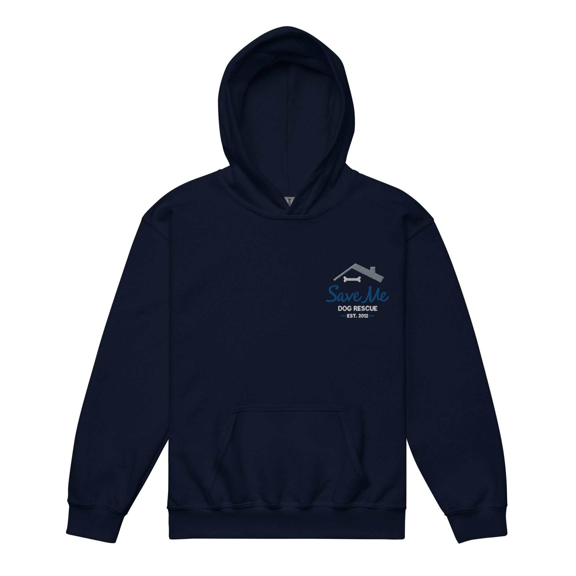 Navy blue youth unisex hoodie with Save Me Dog Rescue embroidered logo, made from a soft cotton blend, featuring a front pouch pocket and double-lined hood, supporting dog rescue efforts.