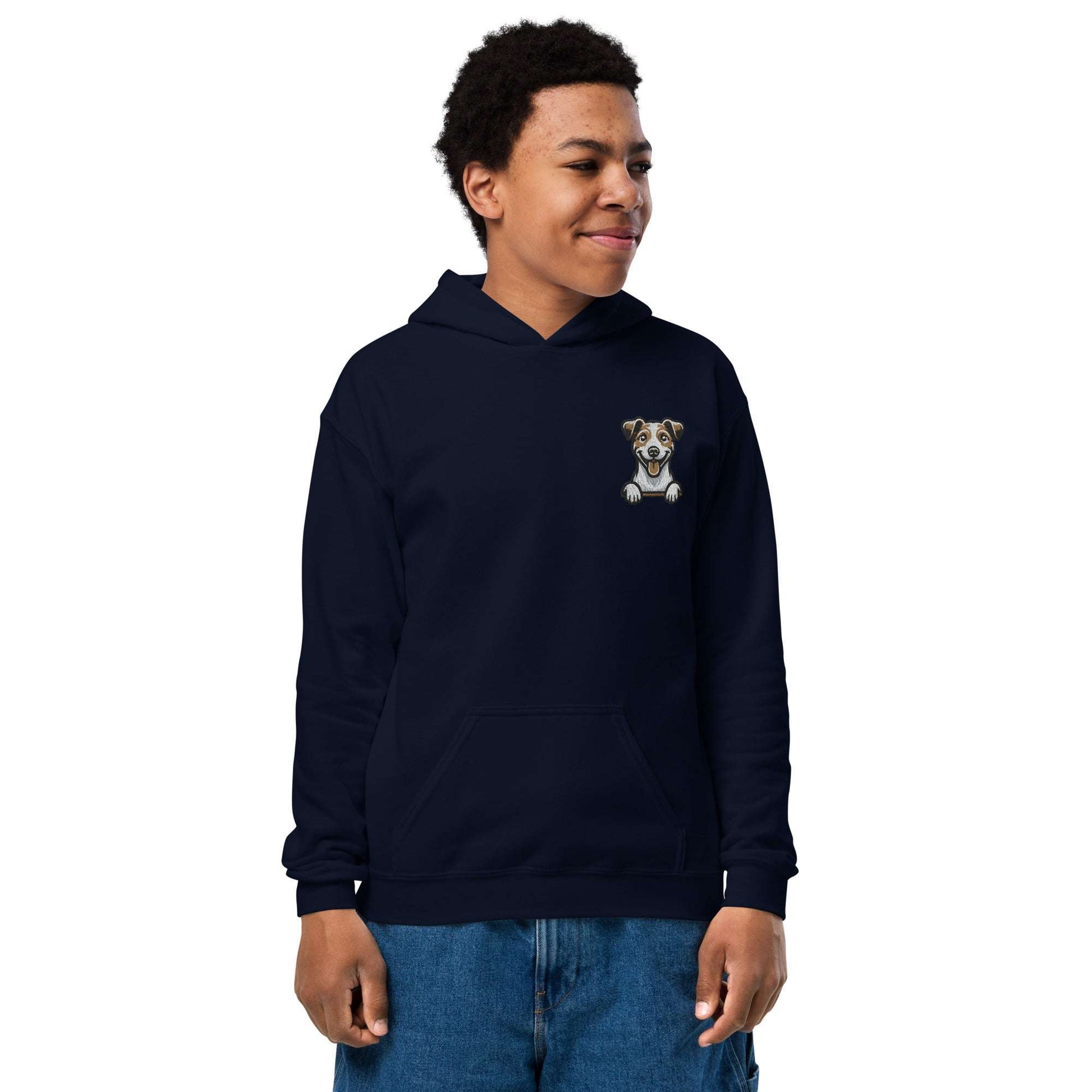 Youth unisex navy hoodie with detailed Jack Russell Terrier embroidery and front pouch pocket