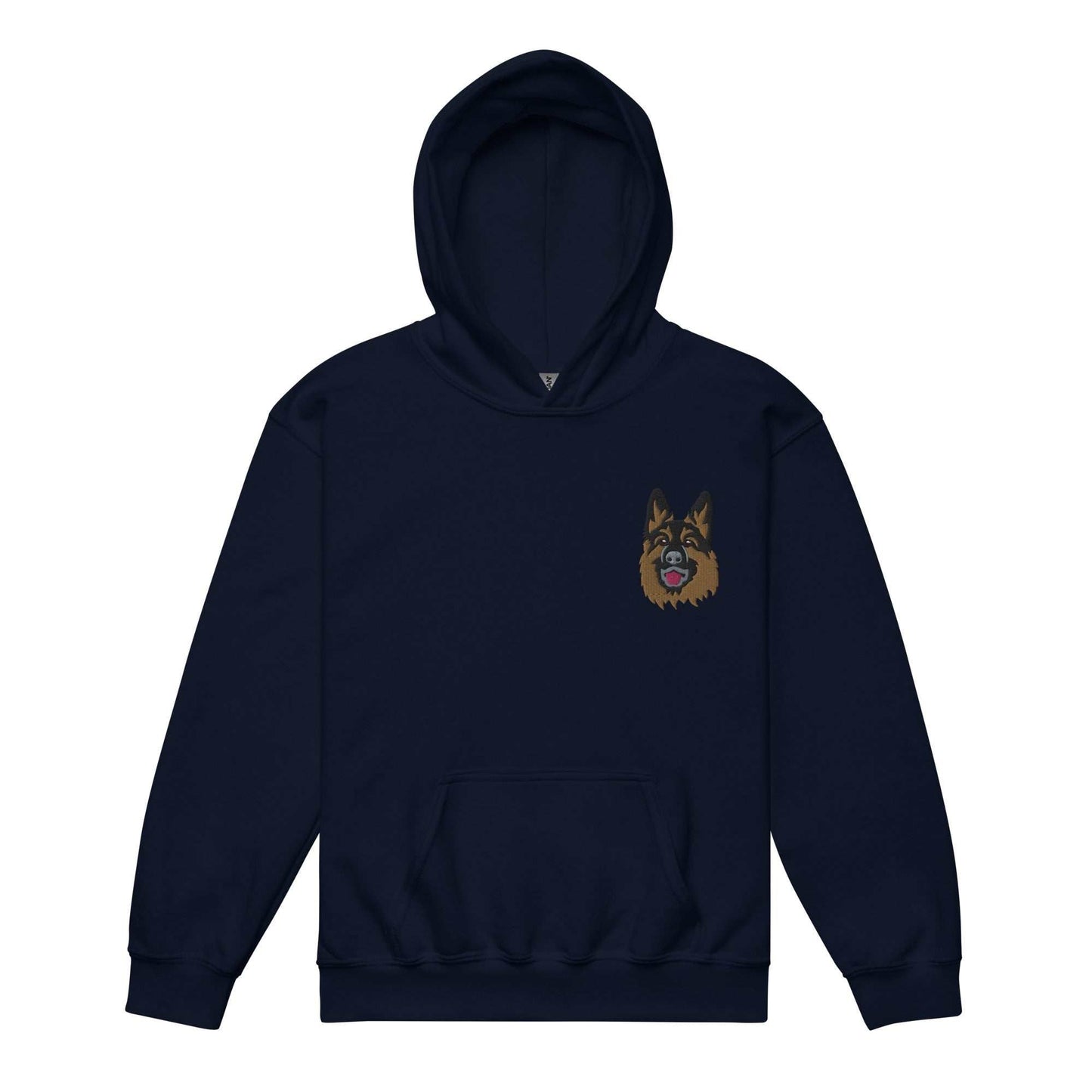 Navy unisex hoodie with detailed German Shepherd embroidery and front pouch pocket, made from soft cotton blend fabric.