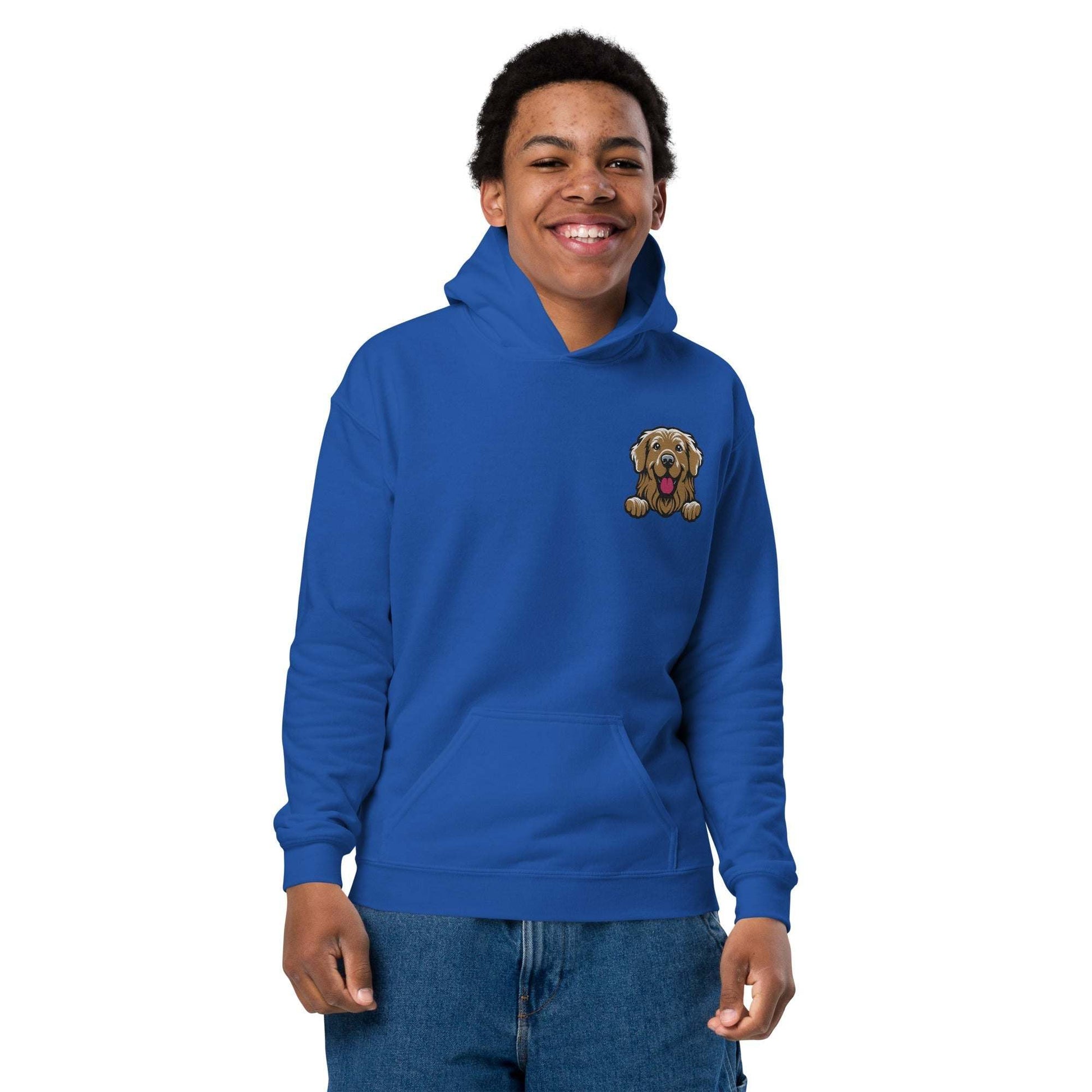 youth unisex royal blue hoodie with embroidered golden retriever dog on chest, soft cotton blend, front pouch pocket, casual comfort