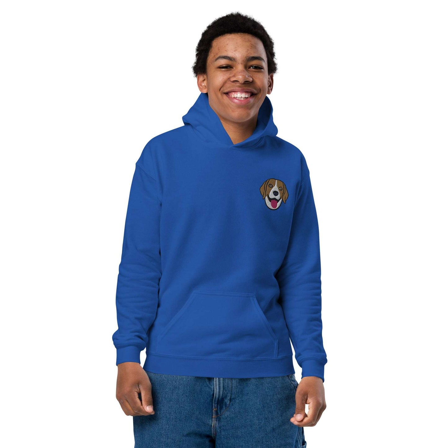 Blue youth unisex hoodie featuring embroidered Beagle dog face and front pouch pocket