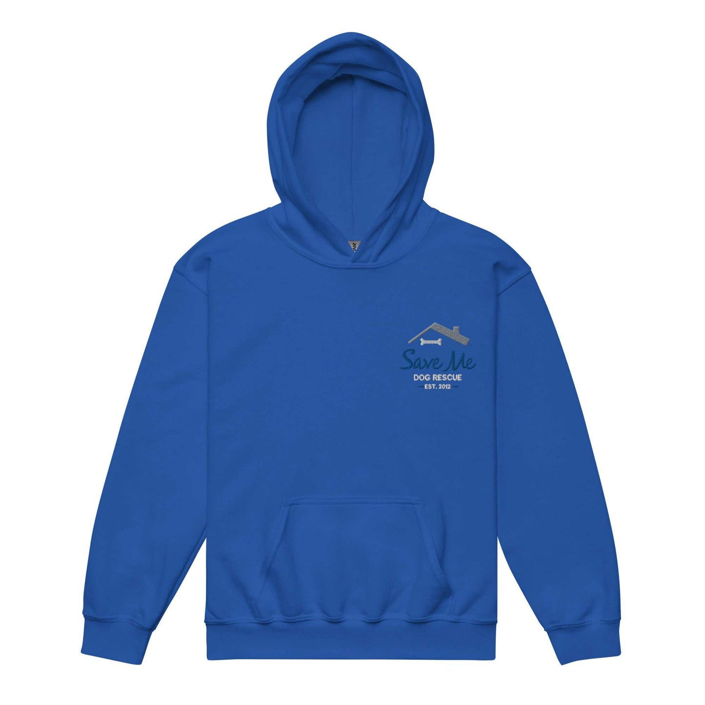 Blue unisex youth hoodie with embroidered Save Me Dog Rescue logo, cotton blend, front pocket, and durable stitching.