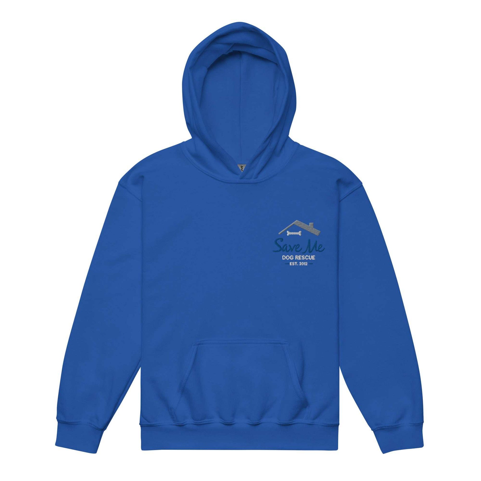 Blue unisex youth hoodie with embroidered Save Me Dog Rescue logo, cotton blend, front pocket, and durable stitching.