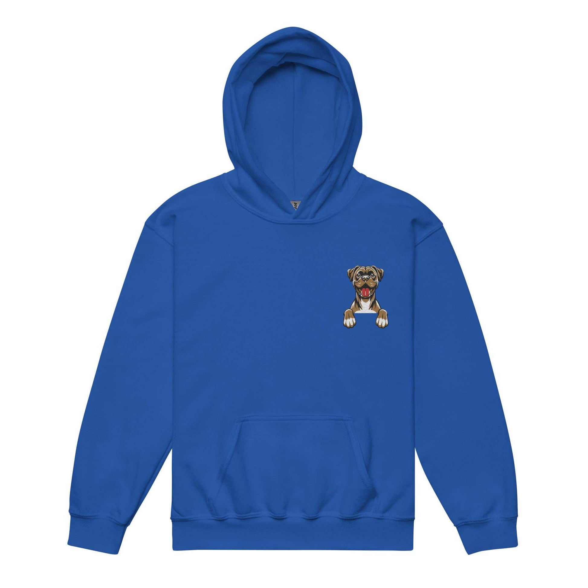 Blue unisex hoodie with detailed embroidered Boxer dog on chest and front pocket