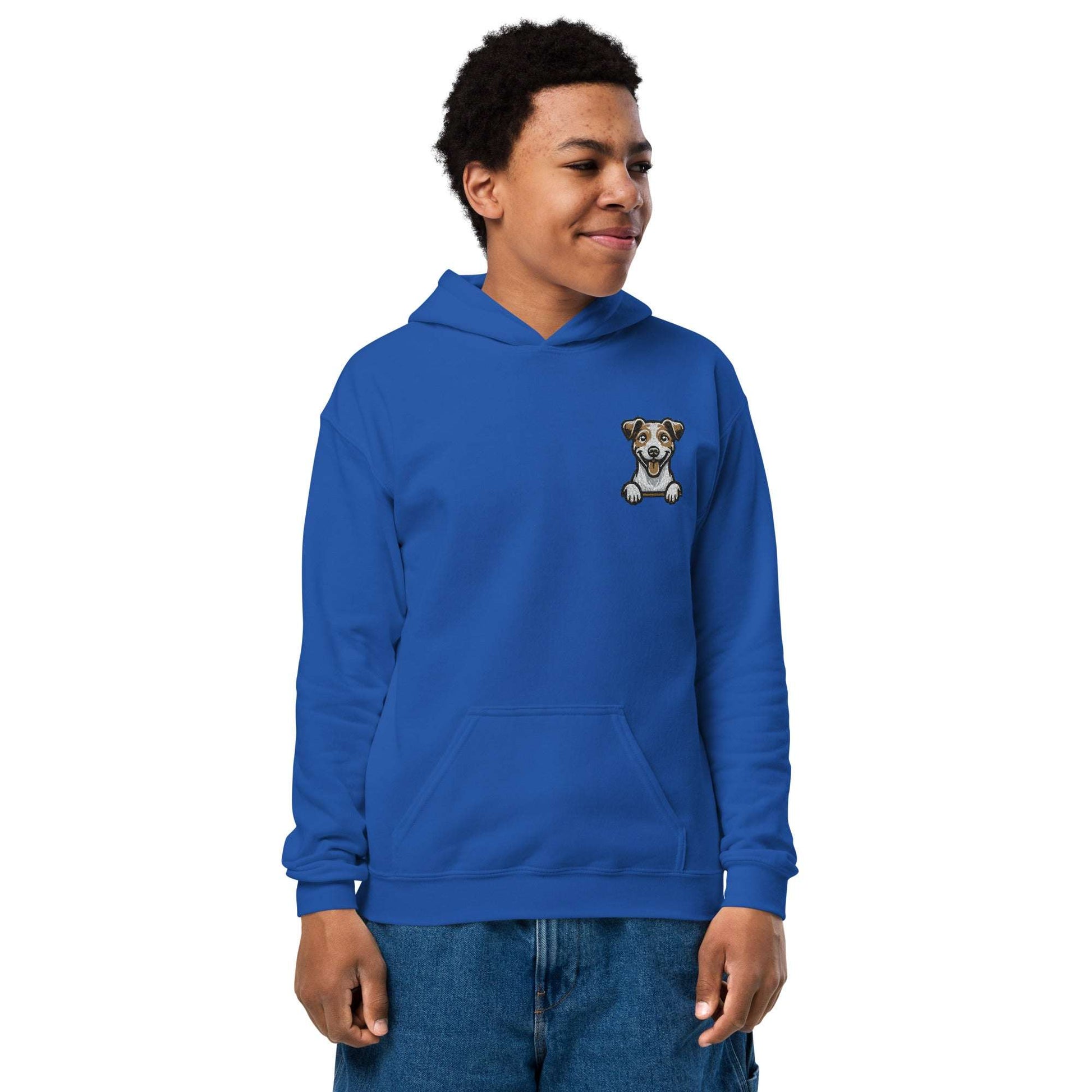 Youth unisex blue hoodie with detailed Jack Russell Terrier embroidery on chest and front pouch pocket