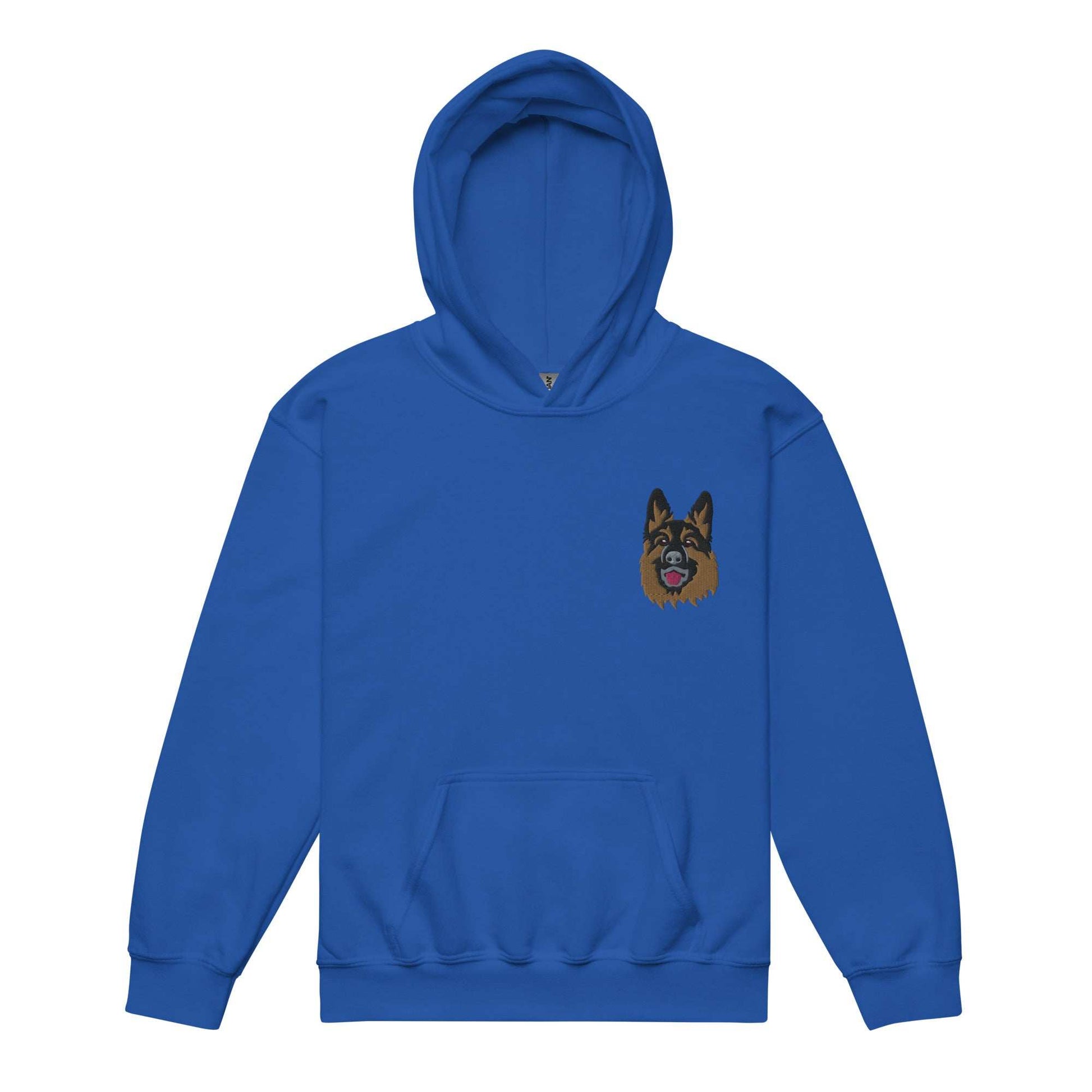 Blue unisex hoodie with detailed German Shepherd dog embroidery and front pouch pocket