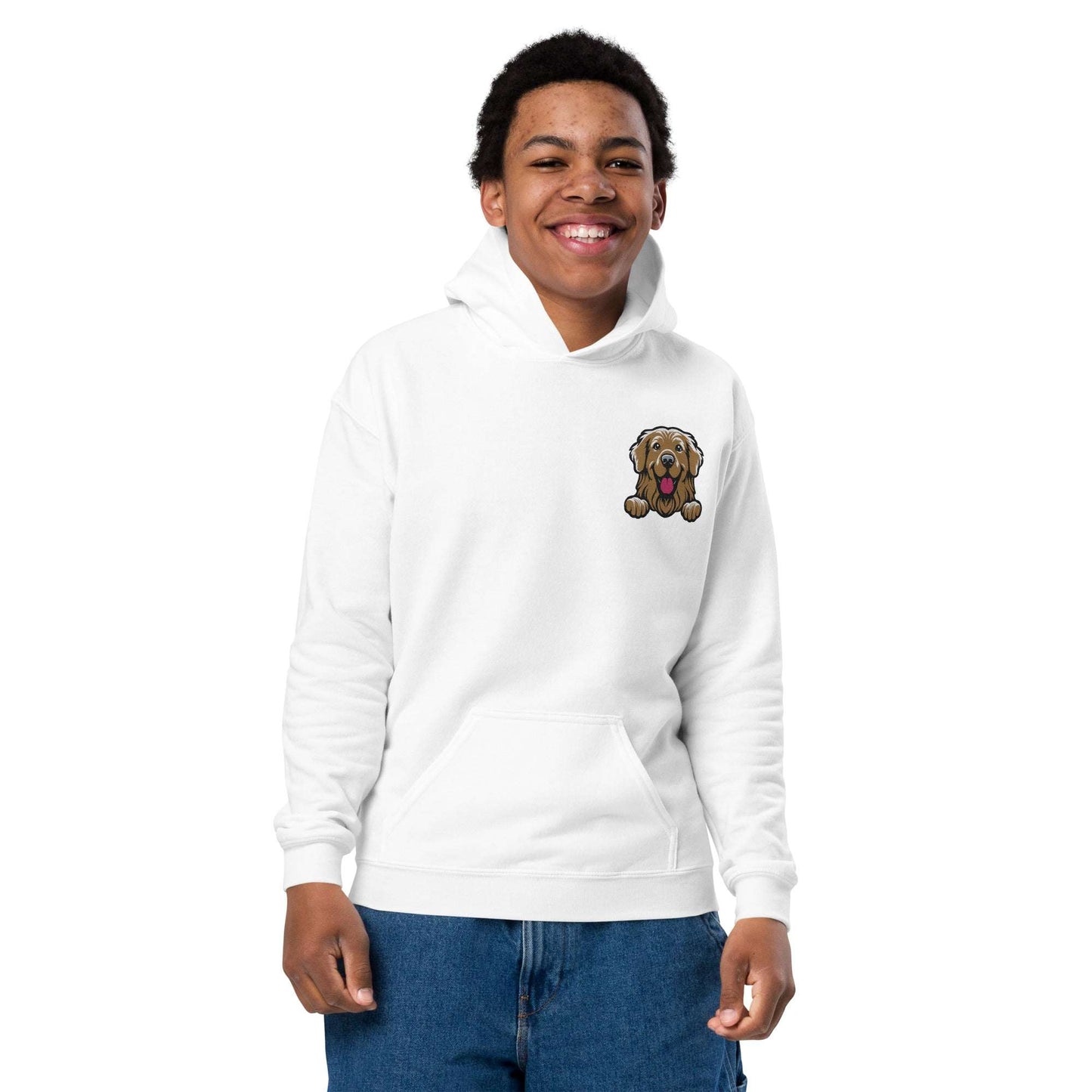 youth unisex white hoodie with embroidered golden retriever design, made of soft cotton blend, featuring front pouch pocket and durable stitching