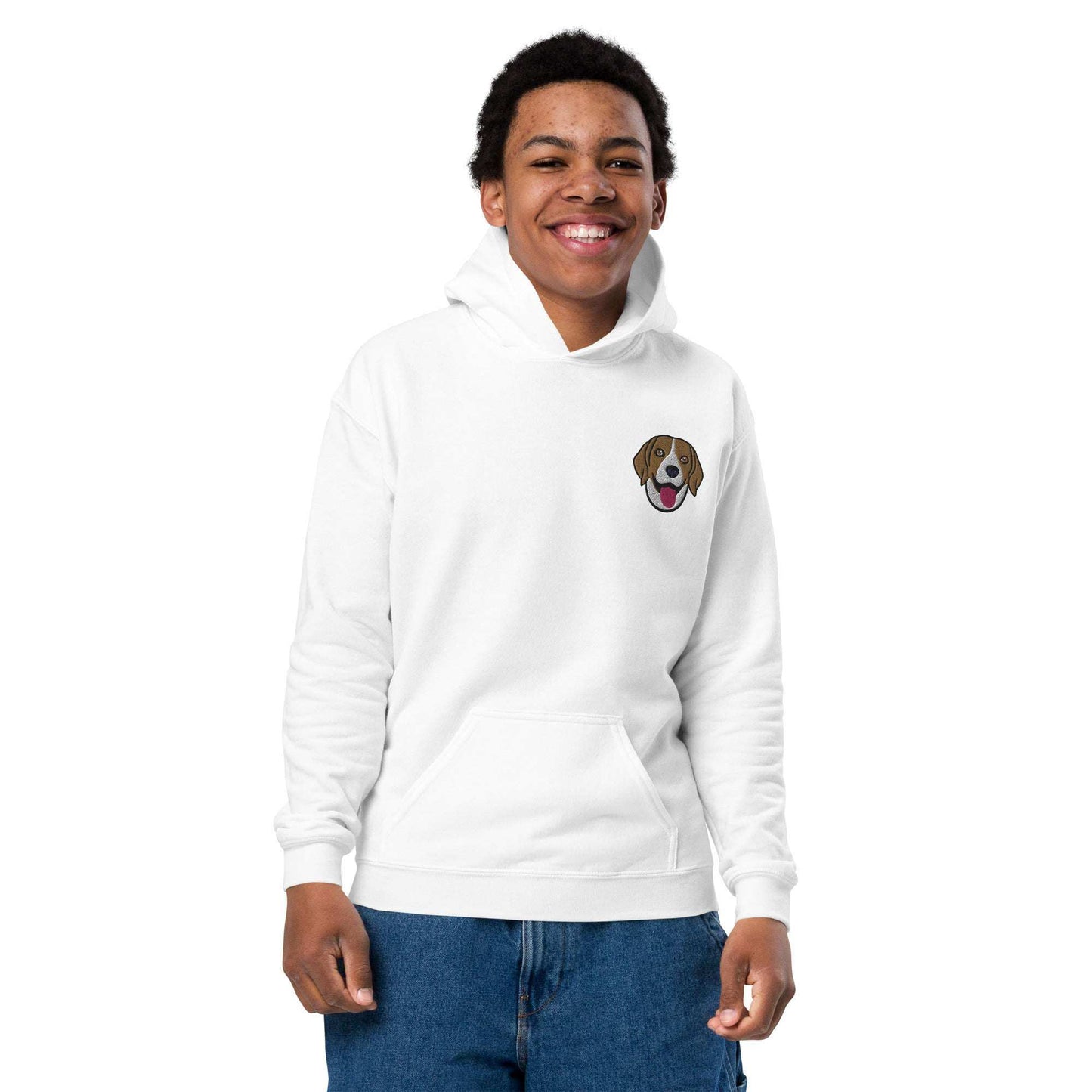 Youth unisex white hoodie with detailed embroidered Beagle dog face on chest, made from soft cotton blend, featuring front pouch pocket and durable stitching.