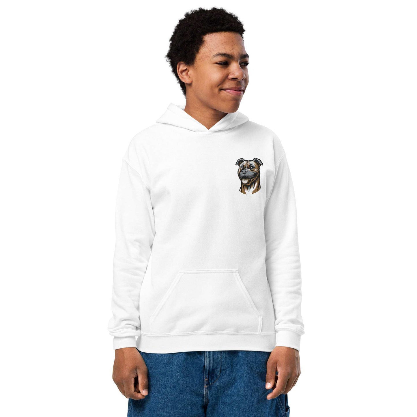 Youth white hoodie with embroidered Pitbull dog design, front pouch pocket, and double-lined hood, made from cotton-polyester blend for durability and comfort.