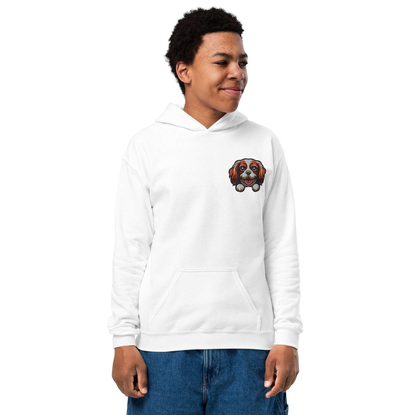 Youth unisex white hoodie with embroidered Cavalier King Charles Spaniel face on chest