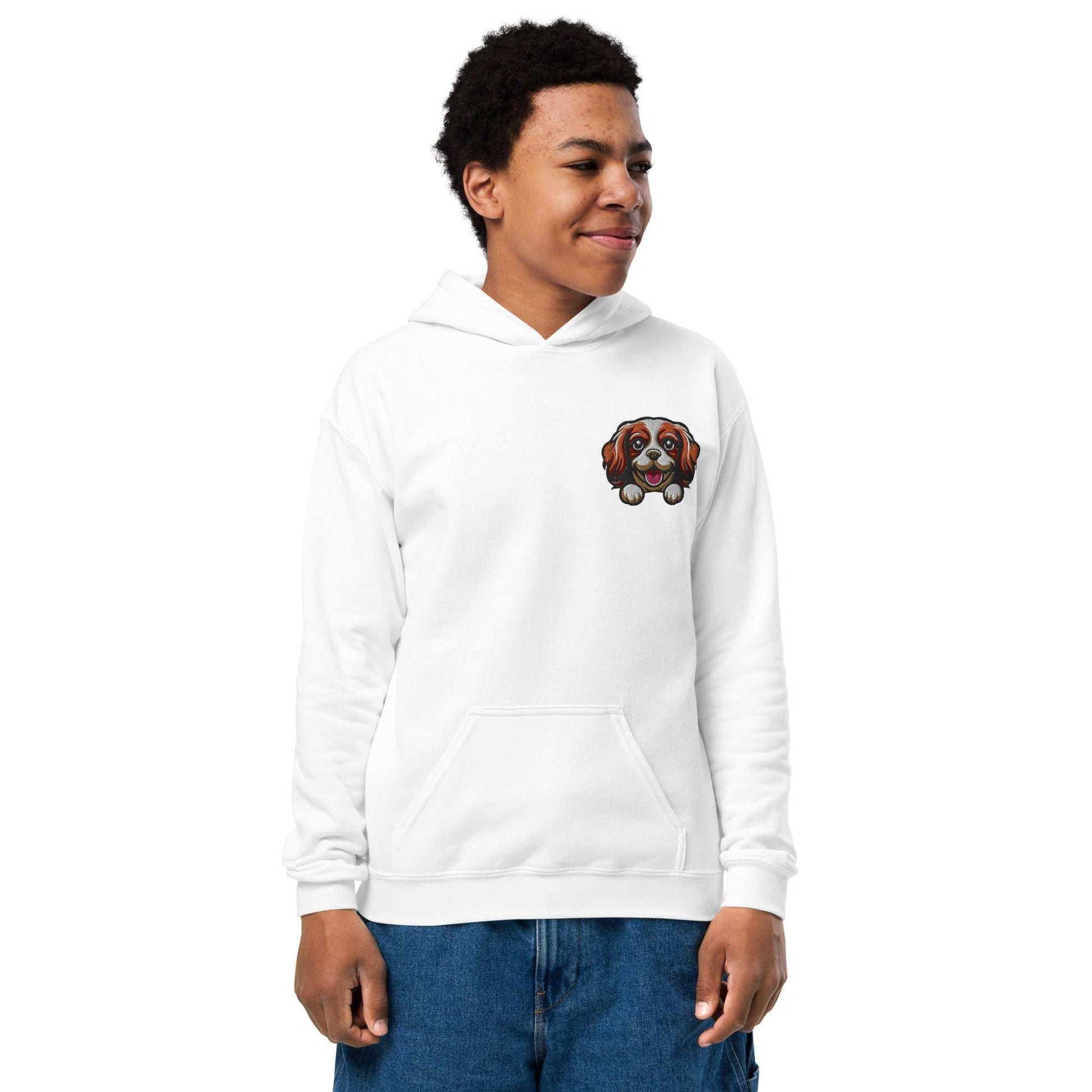 Youth unisex white hoodie with embroidered Cavalier King Charles Spaniel face on chest