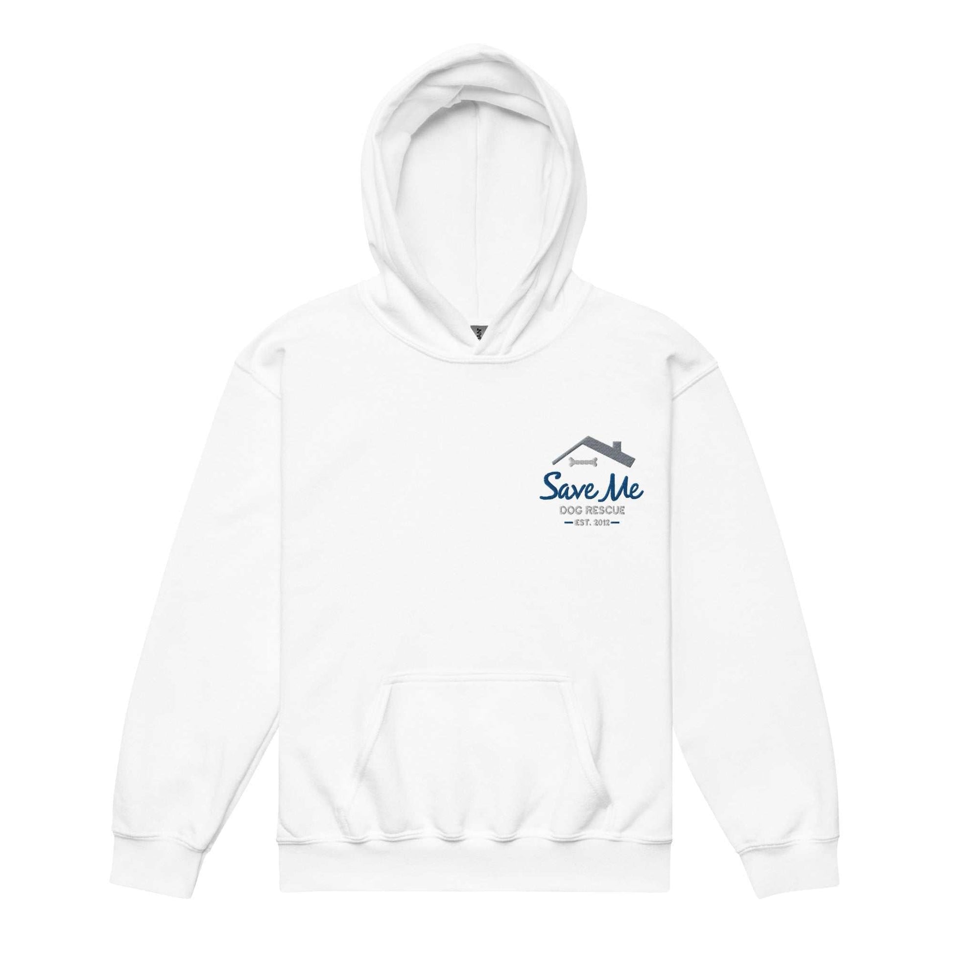 White premium unisex youth hoodie with Save Me Dog Rescue embroidered logo, made from soft cotton blend, featuring front pocket and durable stitching, supporting dog rescue sweatshirts.