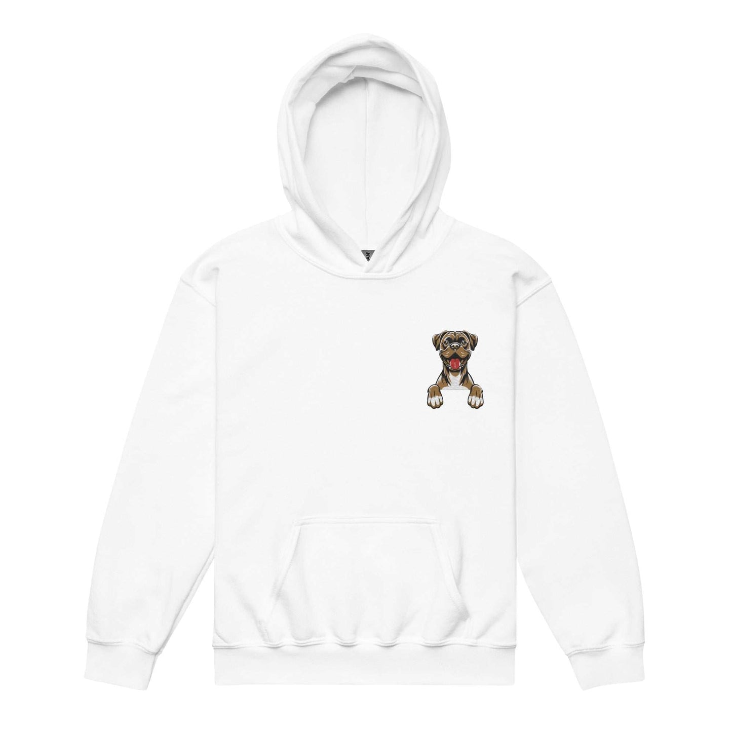White premium youth unisex hoodie with detailed embroidered Boxer dog design on chest and front pouch pocket