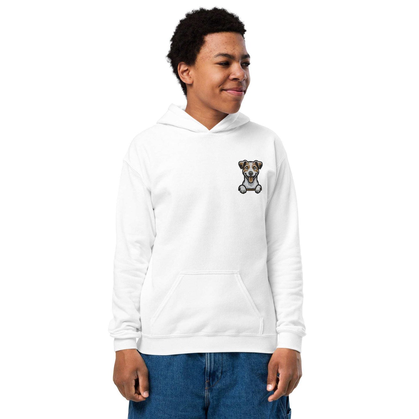 Youth unisex white hoodie with detailed embroidered Jack Russell Terrier design on chest and front pouch pocket