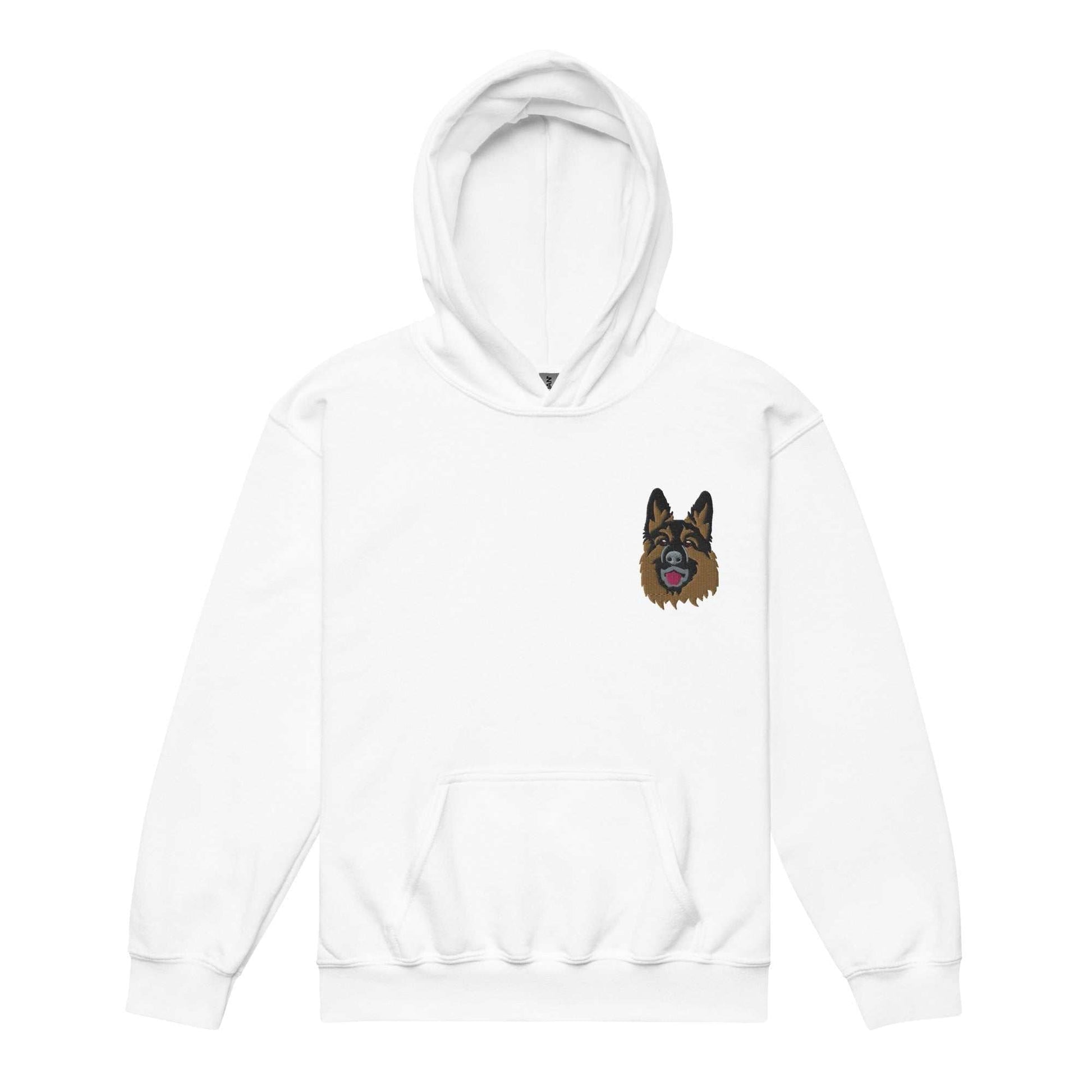 White premium unisex hoodie featuring detailed German Shepherd dog embroidery on the chest, made from soft cotton blend fabric with front pouch pocket.