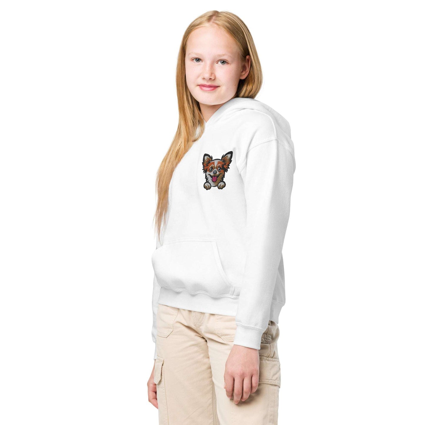 Youth unisex white hoodie with embroidered Long Hair Chihuahua dog design, soft cotton blend, front pocket, durable and comfortable.